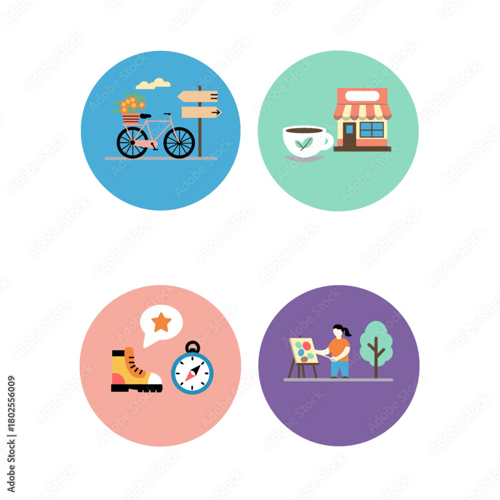 Naklejka premium digital illustration of lifestyle and outdoor hobby icons: cycling, café, hiking, and painting