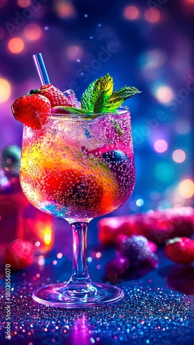 Glass of beautiful cocktail on neon background of bar. Selective focus. drink.