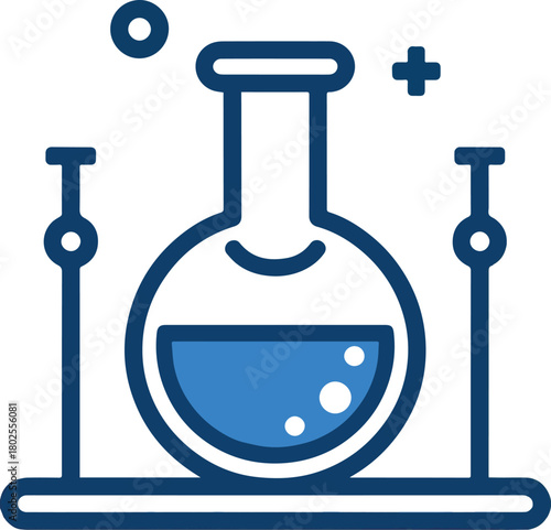 A set of stylized chemistry lab illustrations featuring flasks, test tubes, and experimental setups with colorful liquids and vapor