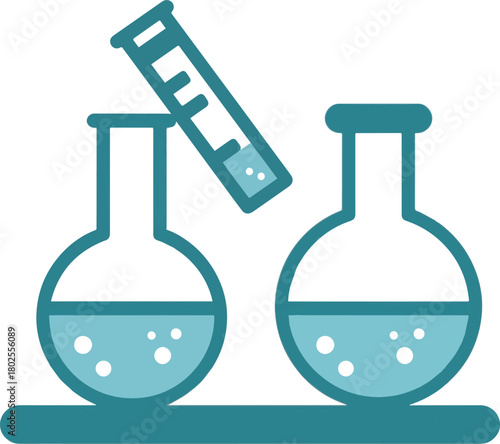 A set of stylized chemistry lab illustrations featuring flasks, test tubes, and experimental setups with colorful liquids and vapor