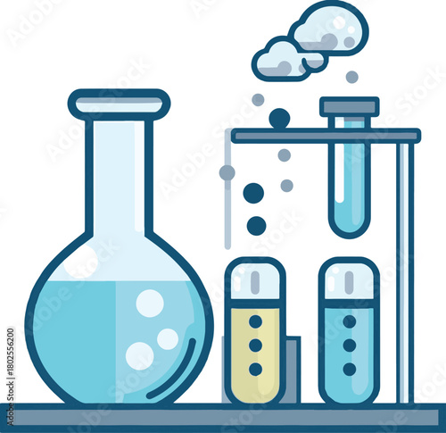 A set of stylized chemistry lab illustrations featuring flasks, test tubes, and experimental setups with colorful liquids and vapor