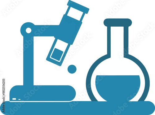 A set of stylized chemistry lab illustrations featuring flasks, test tubes, and experimental setups with colorful liquids and vapor