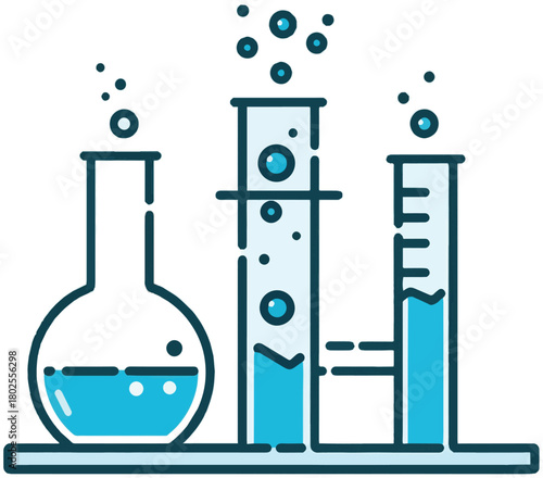 A set of stylized chemistry lab illustrations featuring flasks, test tubes, and experimental setups with colorful liquids and vapor