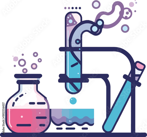A set of stylized chemistry lab illustrations featuring flasks, test tubes, and experimental setups with colorful liquids and vapor