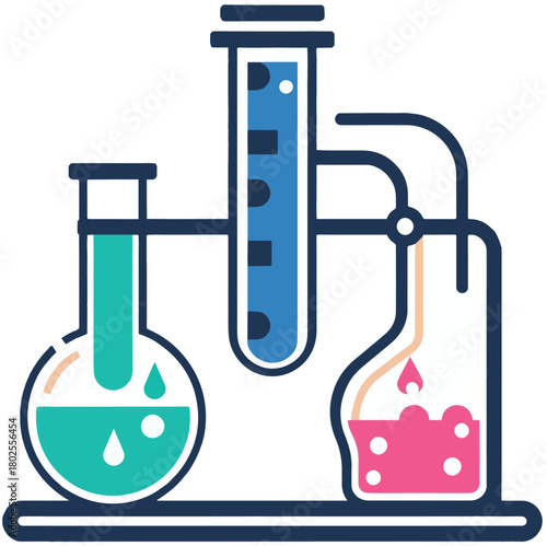 A set of stylized chemistry lab illustrations featuring flasks, test tubes, and experimental setups with colorful liquids and vapor