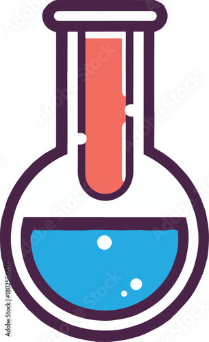 A set of stylized chemistry lab illustrations featuring flasks, test tubes, and experimental setups with colorful liquids and vapor