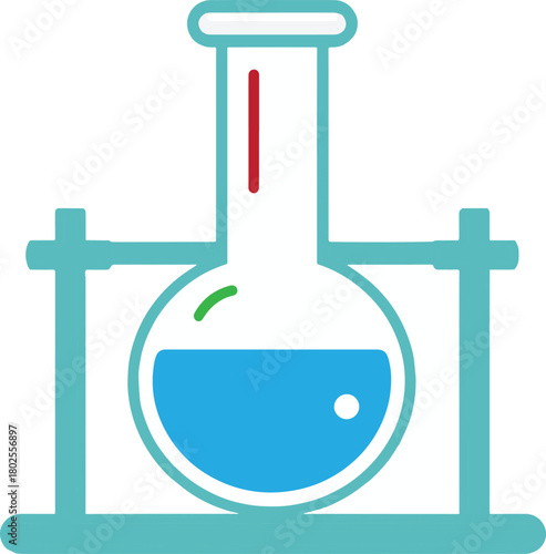 A set of stylized chemistry lab illustrations featuring flasks, test tubes, and experimental setups with colorful liquids and vapor