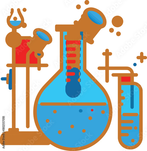 A set of stylized chemistry lab illustrations featuring flasks, test tubes, and experimental setups with colorful liquids and vapor
