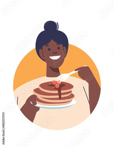 Young woman eating breakfast pancakes