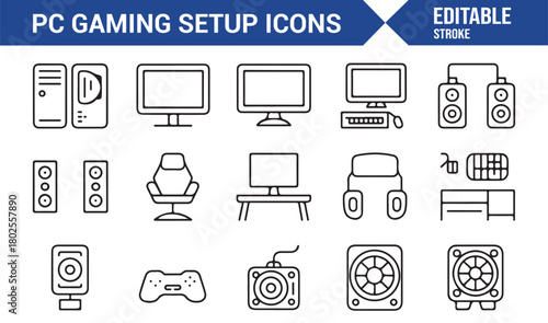 Editable Stroke Vector Icons of Gaming Gear, Monitors, and Audio Devices