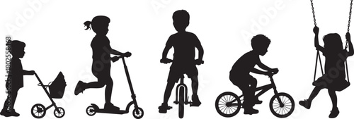 Children Silhouettes Playing with Toys and on a Swing Set Graphic