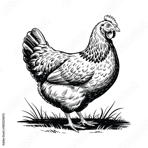 Detailed black and white sketch of a standing hen in grass