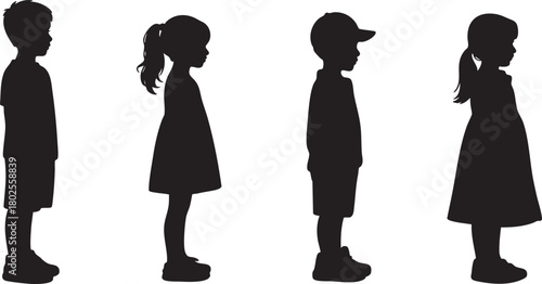 Children standing in a row in silhouette on white background
