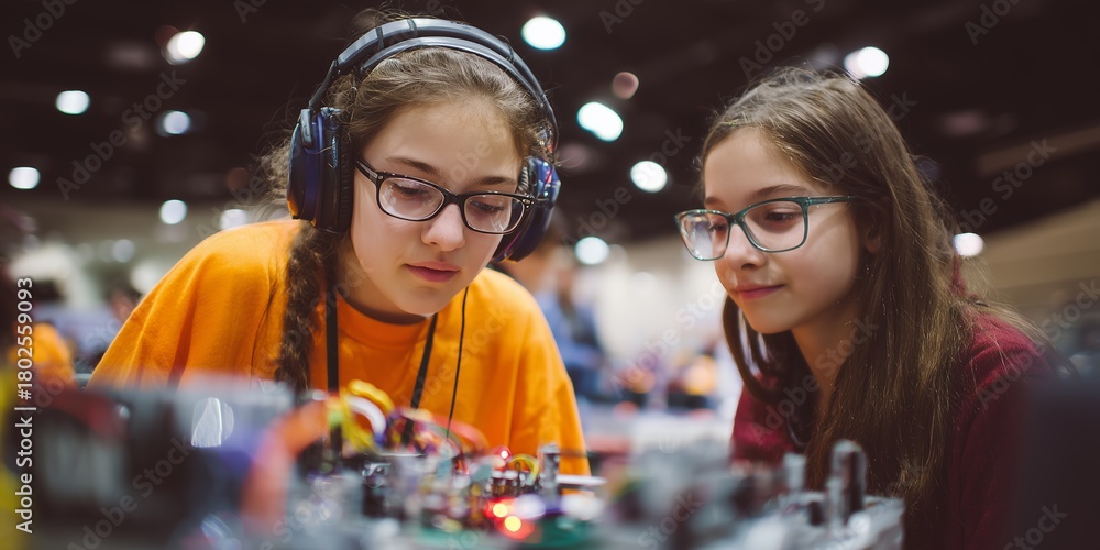 Obraz premium Two young female students are examining a complex robotic assembly, engrossed in its intricate details, concept for science education, engineering workshop and technology exhibit