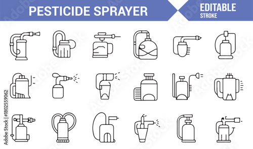 Thin Stroke Icon Set of Pest Control and Chemical Spraying Devices