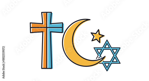 Colorful symbols of faith: cross, crescent, and star of david in harmony