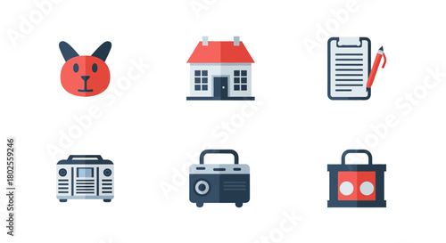 Colorful flat icons: rabbit, house, document, radio, speaker