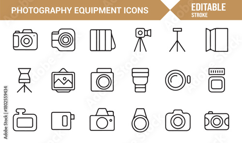 Professional Photography Equipment Vector Icon Set in Thin Line Style