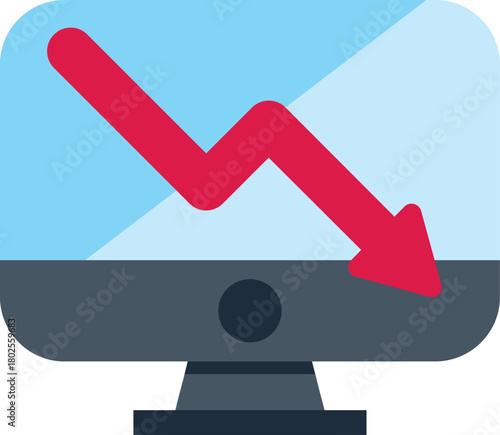Desktop computer is showing a negative trend with a red arrow pointing down, illustrating financial loss or economic downturn