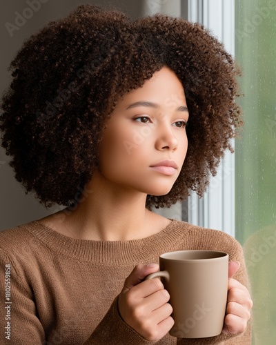 Self-reflection concept, diverse woman looking out a rainy window with a calm expression, holding a warm mug, contemplation, emotional wellness, moody indoor light