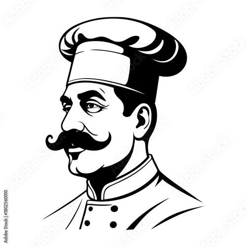 Silhouette chef bust side profile moustache vector for culinary school branding cooking class promotions and food education
