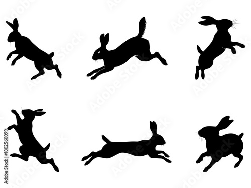 Dynamic bunny silhouettes leaping motion vector set for animation frames childrens book illustrations and spring campaigns
