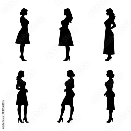 Women side profiles in dresses vector collection for fashion branding bridal marketing and formal wear promotions