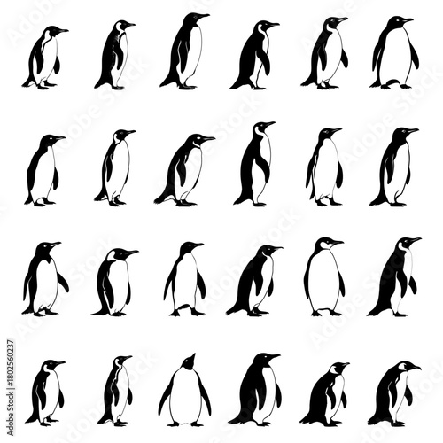 Penguin silhouettes standing side profile vector collection for Antarctic tourism branding wildlife education and winter events