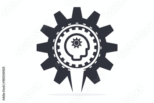 Dark gear containing a head silhouette and a smaller gear symbolizes innovative thinking