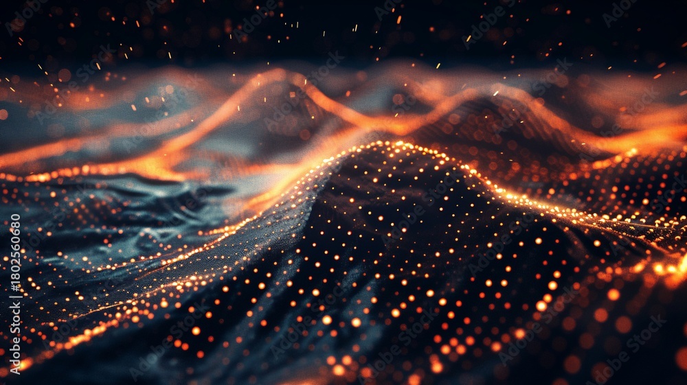 Obraz premium Abstract digital landscape of glowing blue and pink data streams flowing in a wave pattern against a dark background.