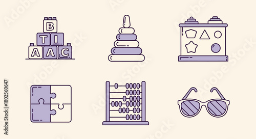 Minimalist educational toy icons set: blocks, puzzle, abacus, and more