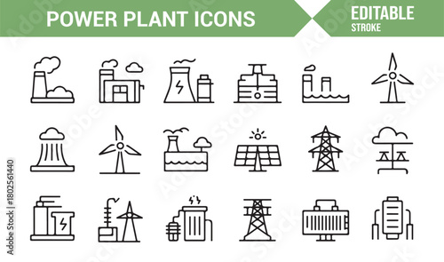 Outline Symbols Representing Various Industrial and Renewable Energy Stations