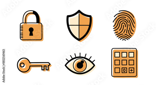 Security icon set with padlock, shield, fingerprint, key, eye, and keypad in flat design