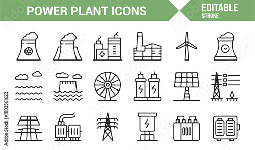 Editable Stroke Power Generation Facility Icon Collection