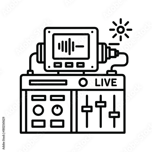 Professional audio mixer console line icon with live indicator, sound wave display, and fader controls for recording studio broadcasting