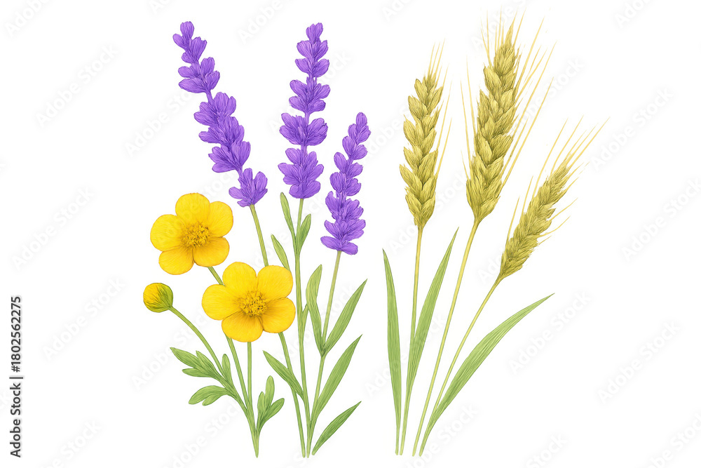 Naklejka premium Wildflowers and wheat composition, depicting buttercups, lavender, and common wheat stalks on a transparent background