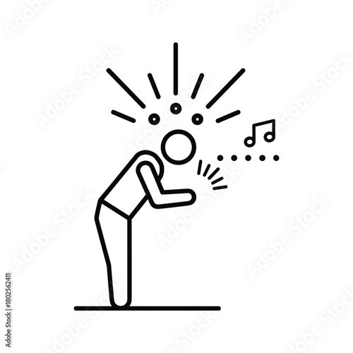 Outline icon of a person singing loudly, shouting, or expressing strong vocal sound with musical notes and radiating lines