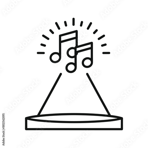 Icon of musical notes ascending from a performance stage with radiating sound waves, symbolizing live music, concert, and sound entertainment.