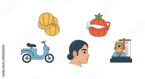 Colorful autumn icons: scooter, pumpkins, profile, and more in modern style