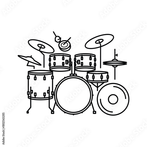 Line art illustration of a full drum set, featuring bass drum, snare, tom-toms, hi-hat, crash, and ride cymbals for music themes.