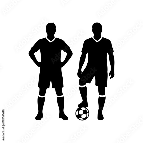 Two football player silhouettes in different poses with a ball.
