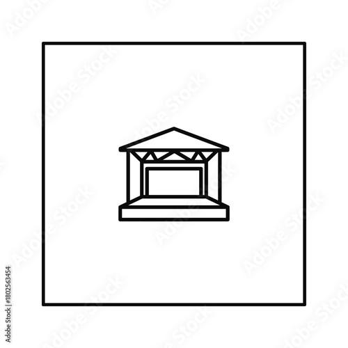 Minimalist black line art icon of a classical building with columns, symbolizing finance, justice, government, and law.