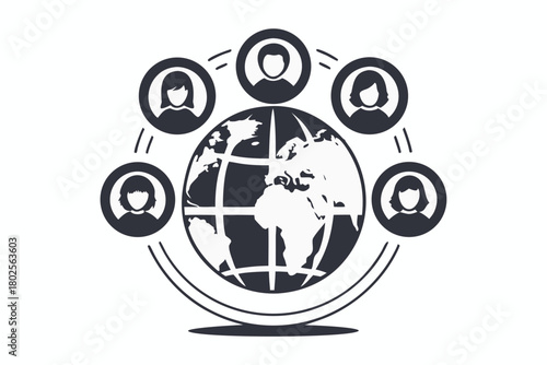 Diverse monochrome avatars orbit the world suggesting global connection in a artwork