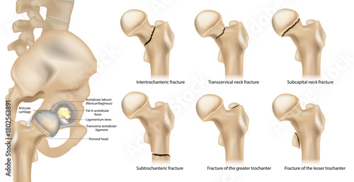Types of Proximal Femur Fractures. Hip Fracture Types by Anatomical Location. Medical Diagram