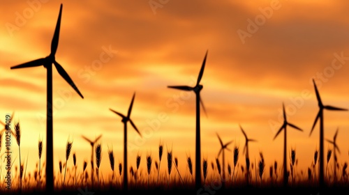 Wind turbines silhouetted against a dramatic sunset,  renewable energy, clean power, eco-friendly, vast landscape