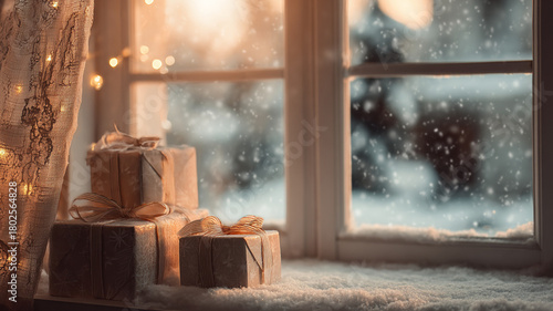 Christmas gift boxes by a window with snow outside, cozy curtain.