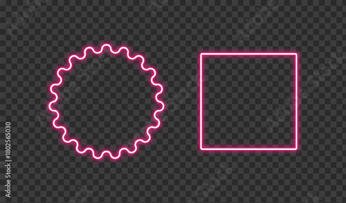Pink neon circle and square shapes on transparent background
