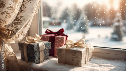 Christmas gift boxes by a window with snow outside, cozy curtain.