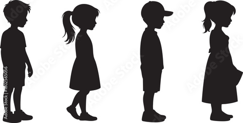 Silhouettes of children standing in a row wearing casual clothing