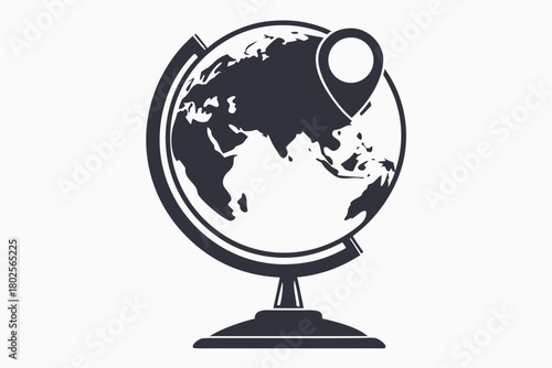 Earth globe with marked location shows continents and seas in dark silhouette